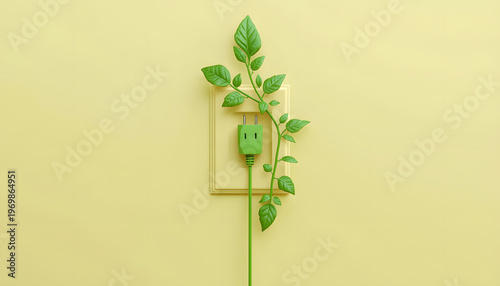 A green power cord growing leaves, plugged into a wall outlet.