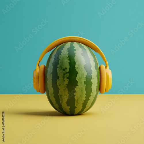 3D watermelon with yellow headphones, turquoise background, yellow floor, soft light, minimal playful style