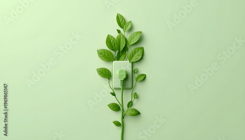A green power cord growing leaves, plugged into a wall outlet.