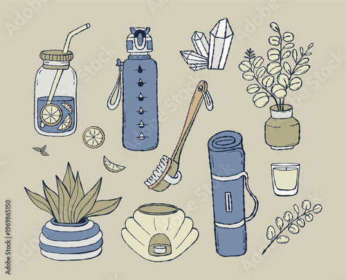Yoga and Wellness Lifestyle Set. Rolled Yoga Mat, Water Bottle, Mason Jar with Lemon Drink, Crystal, Eucalyptus in Vase, Flowerpot and Dry Body Brush. Home Spa Meditation. Isolated Vector Hand Drawn