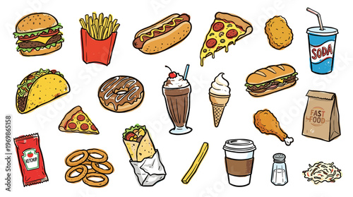 Collection of delicious fast food items including burgers, pizza, fries, hot dogs, tacos, donuts, and drinks, perfect for food advertising and menus