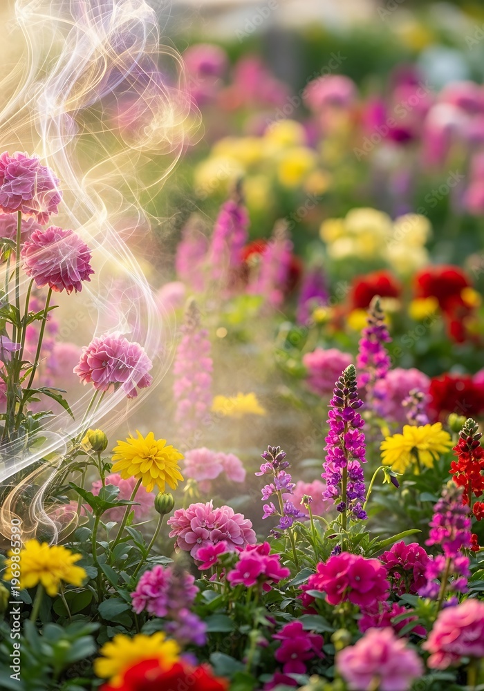 Obraz premium Enchanting floral meadow, illuminated by ethereal smoke, a vibrant display