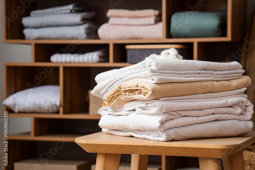 Stack of bed sheets on tabl...