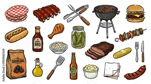 Barbecue food assortment with grill, ribs, burger, hot dog, skewers, corn, pickles, and BBQ sauce for outdoor summer party picnic celebration