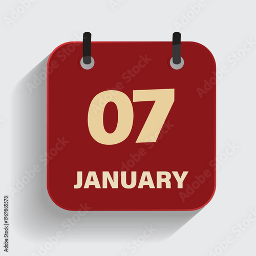january seventh date calendar icon with red theme and long shadow for personal event organizer