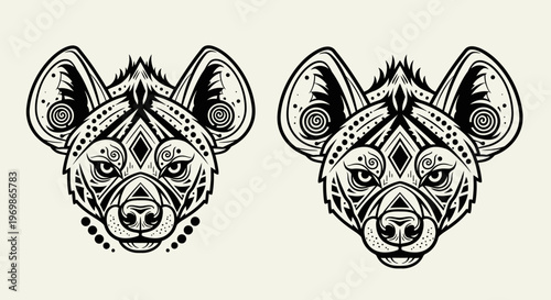 Two stylized hyena heads in a tribal or ethnic art style with intricate patterns and geometric shapes, black and white illustration.