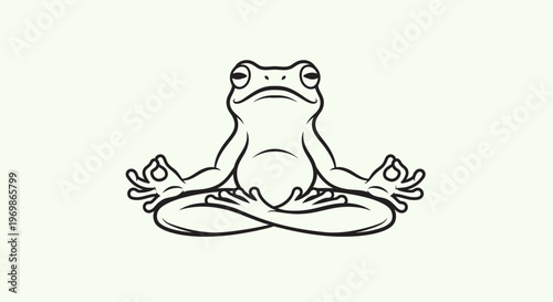 Black and white line drawing of a frog meditating in a lotus position, exuding calm and peacefulness on a plain background.