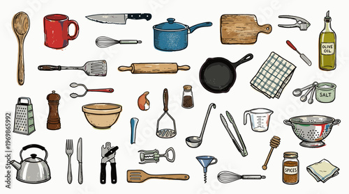 Collection of kitchen utensils and cooking equipment arranged on a white background, illustrating culinary tools and kitchenware essentials