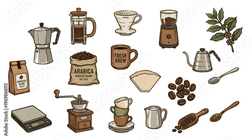 Collection of coffee making equipment and ingredients for brewing a perfect cup of coffee at home or in a cafe setting