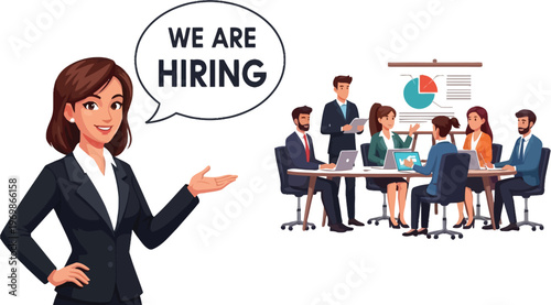 Businesswoman announcing job opening to group of colleagues