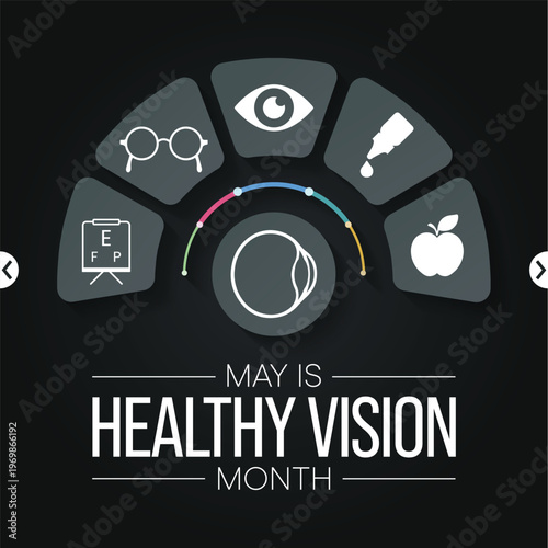 Healthy Vision month is observed every year in May. Taking care of your eyes can be a priority just like eating healthy and physical activity. it can help keep you safe each day. Vector illustration.