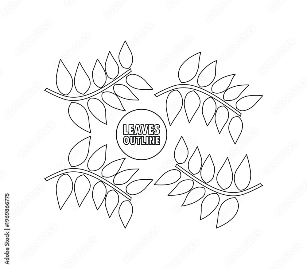 Fototapeta premium Outline set of leaves in vector illustration, featuring multiple leaf shapes shown from different angles with clean black outlines. deal for use in patterns, icons, logos, and decorative elements.