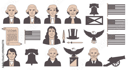 American founding fathers icons set.