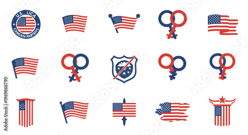 American flag and symbol icons.
