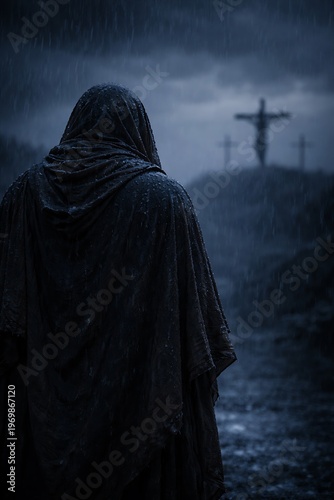 Person wearing a dark hooded cloak standing in heavy rain looking toward three distant crosses on a hill under a stormy blue sky at twilight
