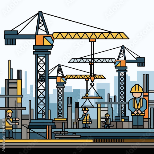 Industrial Construction Zones Displaying Towering Cranes, Civil Engineering Progress, and Metropolitan Development.