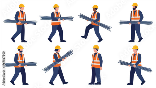 Construction Workers Carrying Steel Rebar and Wearing Safety Vests and Hard Hats