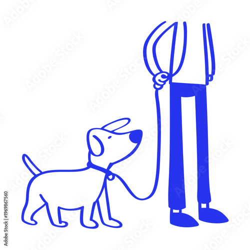 Dog Walking with Owner Cartoon Doodle Illustration