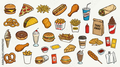 A vibrant collection of popular fast food items and drinks, perfect for illustrating unhealthy eating habits and quick meal choices.
