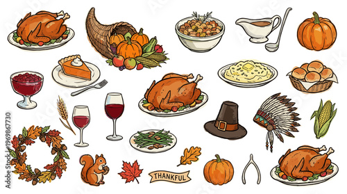 Thanksgiving Holiday Feast Food Collection Assortment of Traditional Autumn Harvest Dinner Elements and Decorations
