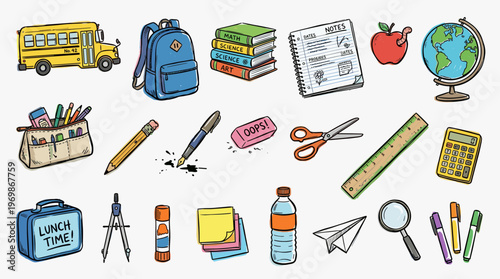 Collection of colorful school supplies and educational items arranged in a playful doodle style, perfect for back to school themes and learning concepts