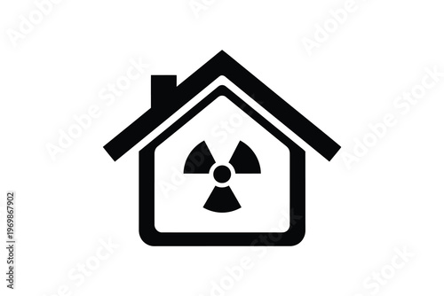 Minimalist black and white icon of a house with a radiation symbol, depicting a nuclear hazard or radioactive contamination at home.