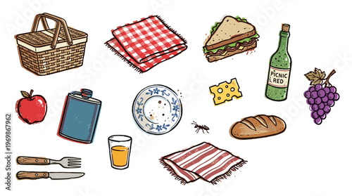 Illustration of picnic items including basket, food, drinks, and tableware arranged on a white background for an outdoor meal or gathering
