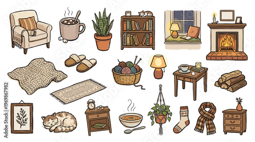 Cozy hygge home interior elements for winter relaxation and comfort, featuring armchair, fireplace, hot chocolate, books, knitting, and sleeping cat