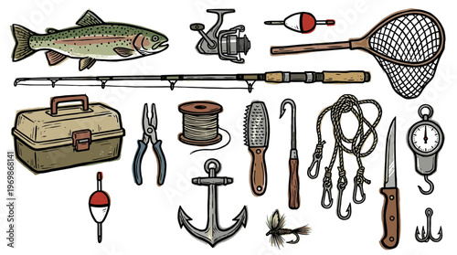 Collection of fishing gear and equipment including a trout fish, fishing rod, reel, tackle box, net, lures, and bait for outdoor angling hobbies and recreation