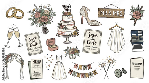 Wedding elements collection hand drawn illustrations including rings cake dress flowers invitations and decorations for bridal celebration event