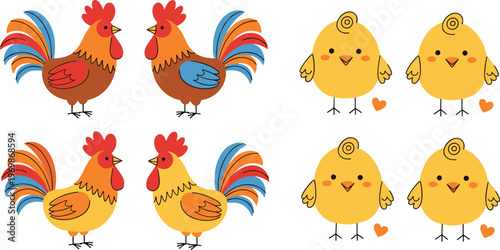 Hand-Drawn Set of Colorful Roosters and Cute Chicks with Hearts, Isolated on White Background for Farm, Animal, and Easter Designs
