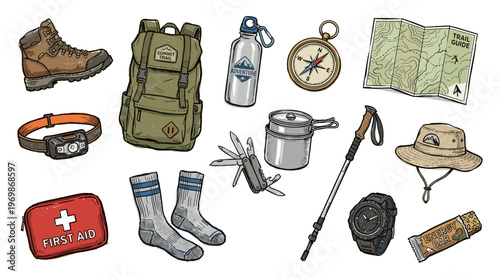 Essential hiking gear laid out for outdoor adventure including backpack boots compass map first aid kit and trekking poles for wilderness exploration