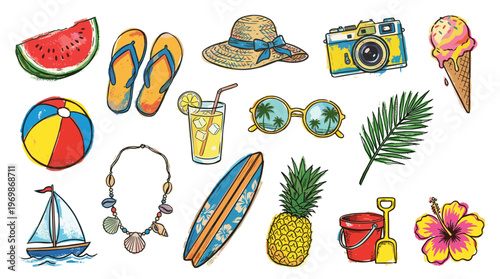 Summer vacation essentials collection with surfboard sunglasses hat camera and tropical drink for beach holiday fun