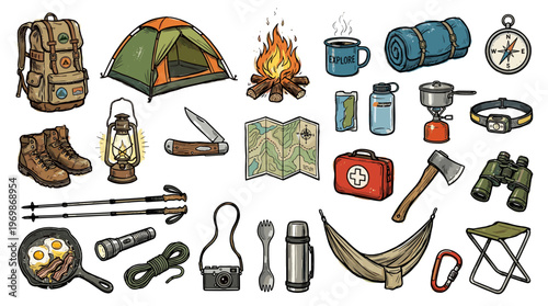 Camping and hiking gear collection for outdoor adventures including tent backpack boots compass and cooking equipment