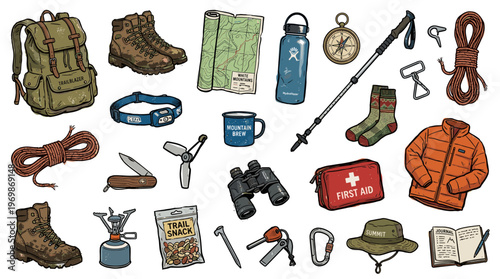 Collection of hiking and camping gear laid out for an outdoor adventure including backpack boots map compass water bottle first aid kit and clothing