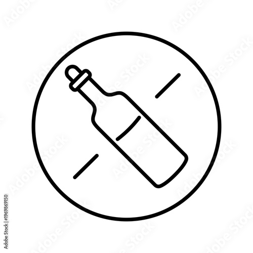 Bottle ban icon. Industry and prohibition sign line symbol. Black and white.