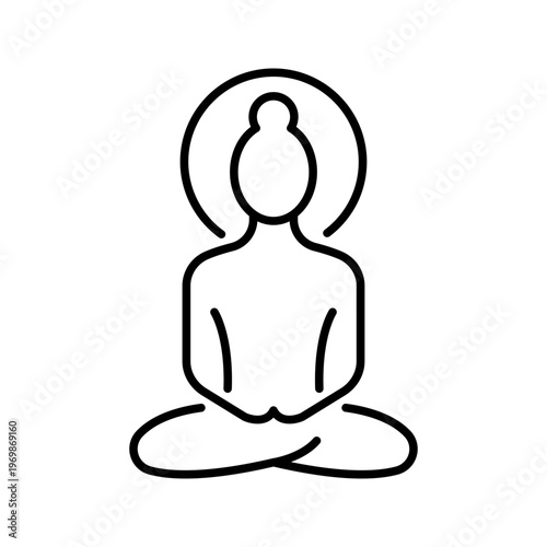 Buddha statue icon. Religion and buddhism line symbol. Black and white.