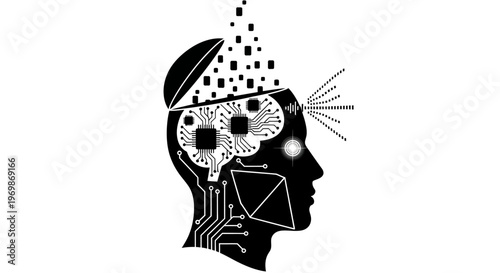 A black and white illustration of a human head with a circuit board isolated on transparent background, isolated on white background, Vector