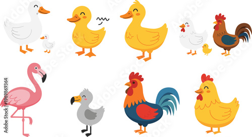 Hand-Drawn Set of Cute Ducks, Roosters, Chickens, Flamingos, and Other Birds in Various Poses, Isolated on White Background for Animal and Cartoon Designs