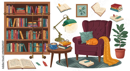 Cozy reading nook with books and chair isolated on transparent background, isolated on white background, Vector