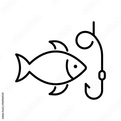 Fishing hook icon. Leisure and fishing line symbol. Black and white.