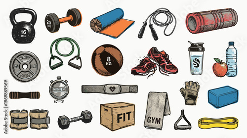 Collection of fitness equipment and accessories for a healthy lifestyle and sports training