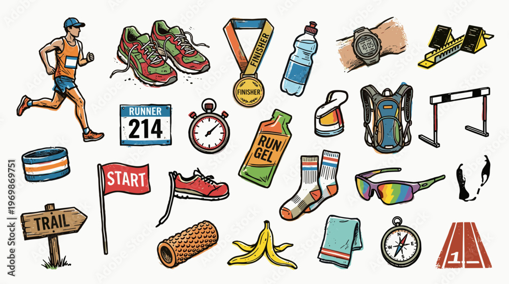 Fototapeta premium Collection of running and marathon race equipment and accessories for athletes, including shoes, medal, water bottle, stopwatch, and start flag