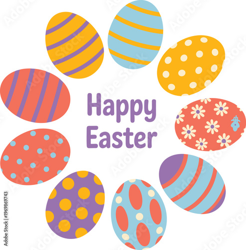 Happy Easter eggs vector set, colorful decorated holiday symbols with patterns festive spring design
