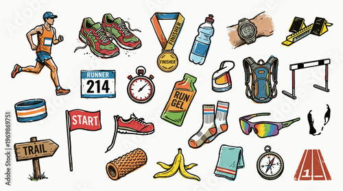 Collection of running and marathon race equipment and accessories for athletes, including shoes, medal, water bottle, stopwatch, and start flag