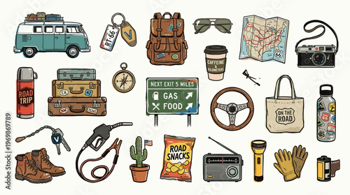 Vintage road trip adventure collection with retro van, luggage, map, camera, and travel essentials for a nostalgic journey