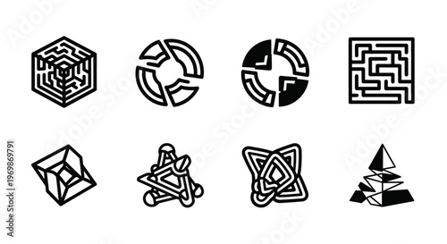Set of abstract geometric puzzles and mazes icons