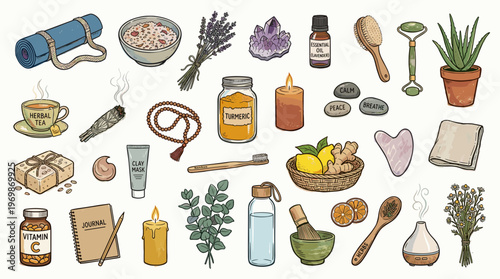 Wellness and self-care flat lay with natural remedies, yoga mat, essential oils, and healthy ingredients for a balanced lifestyle