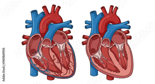 Detailed human heart anatomy structure illustration. Clinical vector showing internal cross-section, chambers, valves, arteries, and veins. Medical science educational diagram isolated on white backgr