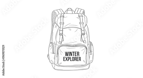 Winter explorer backpack line art vector, hiking rucksack illustration with straps and pockets, outdoor travel gear sketch for camping and trekking